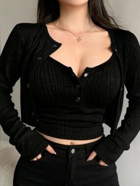 Black Ribbed Button-Front Tank Top and Cardigan Set- Full & Plus Sizes